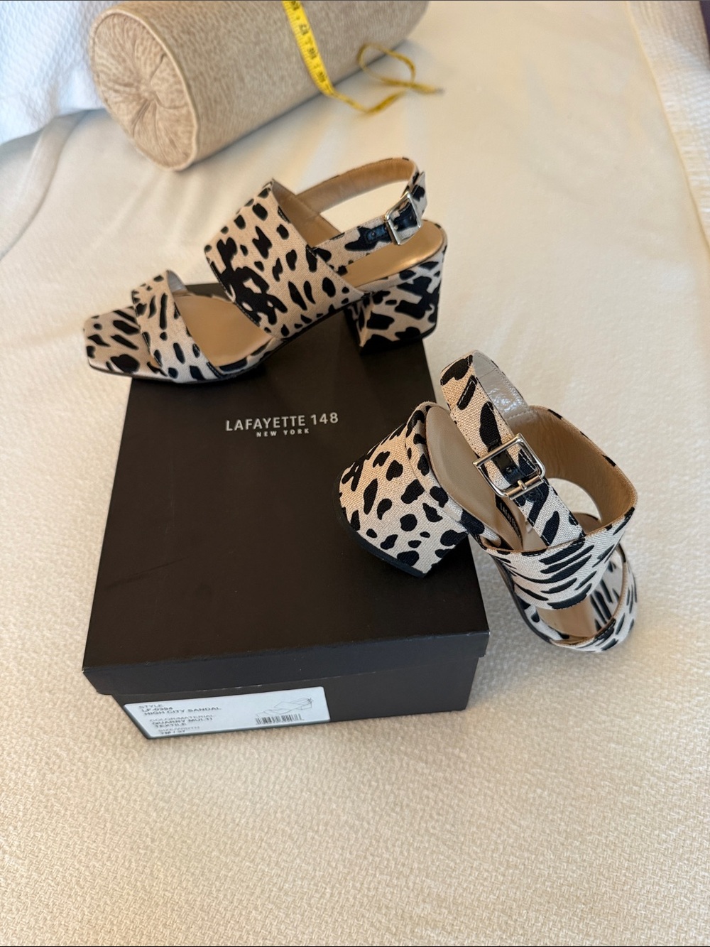 Lafayette 148 New York Black and White Animal Print Block Heel Sandals